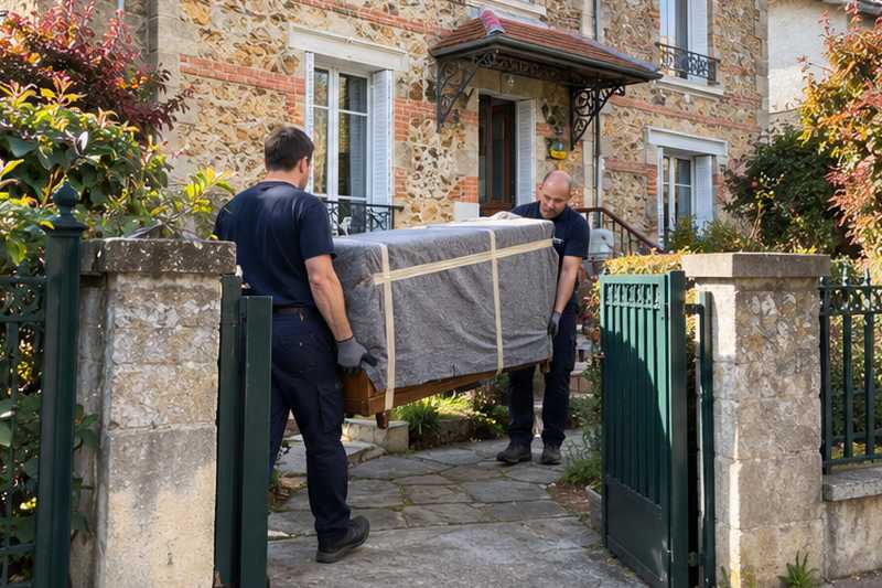 Deux déménageurs portant un buffet emballé devant un pavillon en meulière