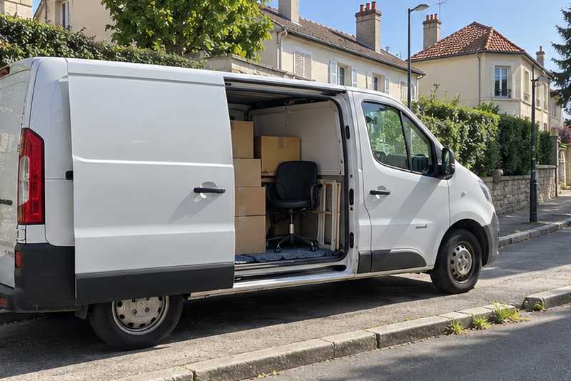 Petit utilitaire porte latérale ouverte avec quelques cartons rangés