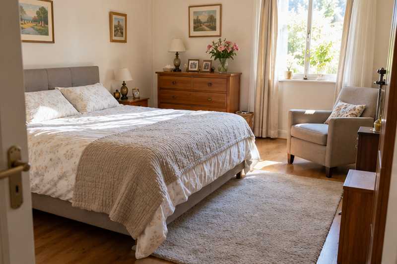 Petite chambre installée avec un fauteuil, une commode et des cadres au mur