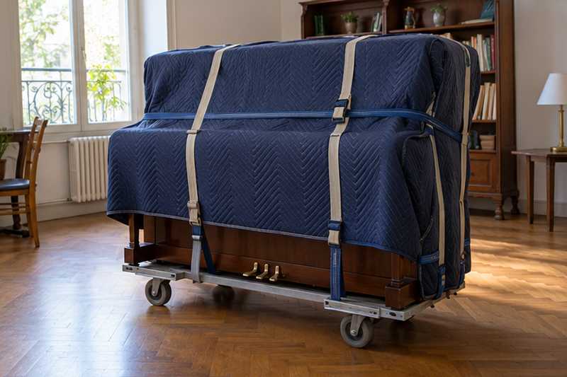 Piano droit couvert de feutrine et sanglé avant le transport