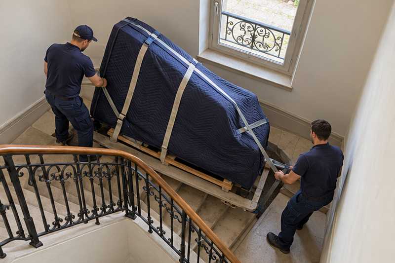 Piano à queue couché sur la tranche posé sur une luge dans une cage d'escalier