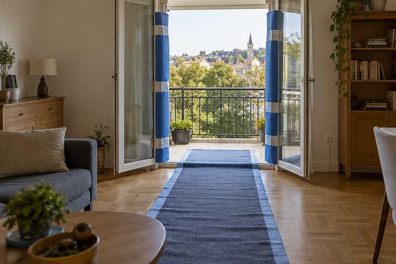 Tapis de protection posé au sol de la porte-fenêtre jusqu'au salon