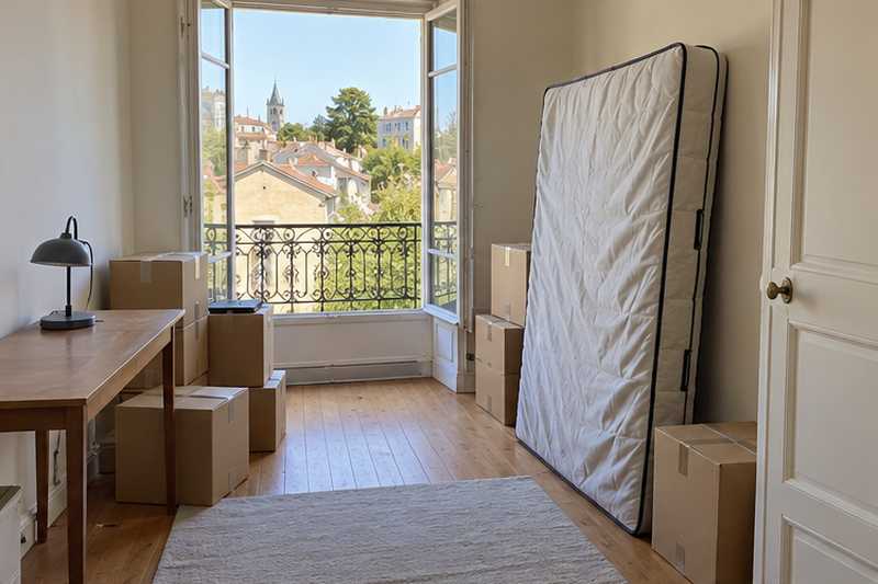 Studio avec un matelas debout et quelques cartons près de la porte