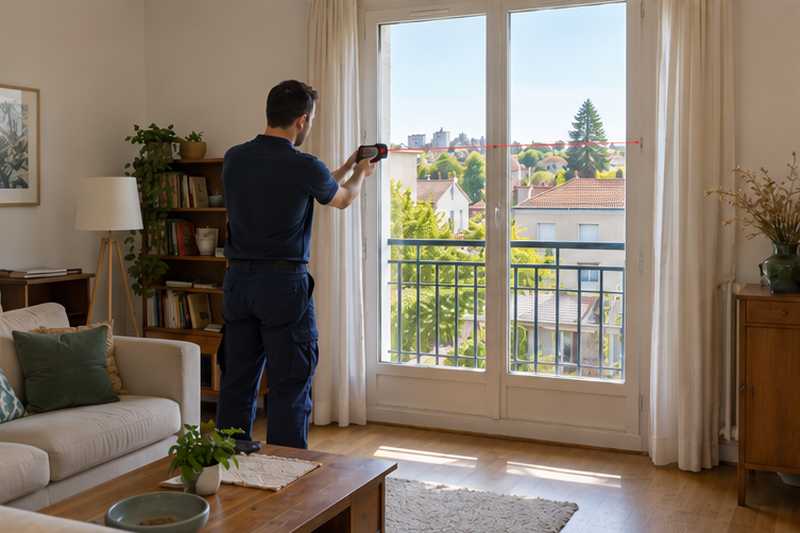 Déménageur mesurant une porte-fenêtre de balcon au télémètre laser