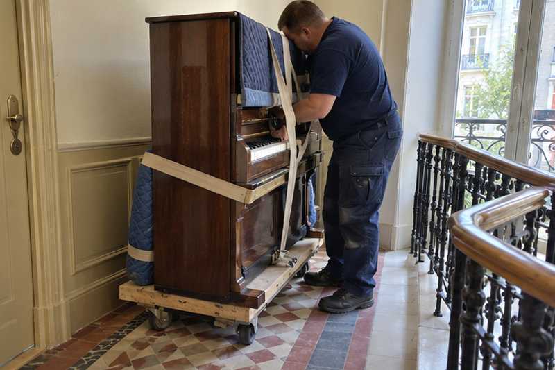 Piano d'étude incliné sur sa luge sur un palier étroit