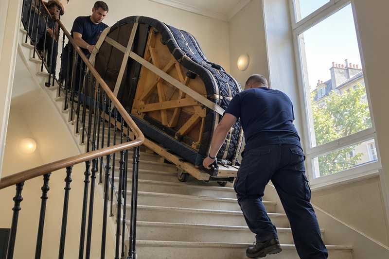 Piano demi-queue sur sa luge sanglé dans un escalier d'immeuble