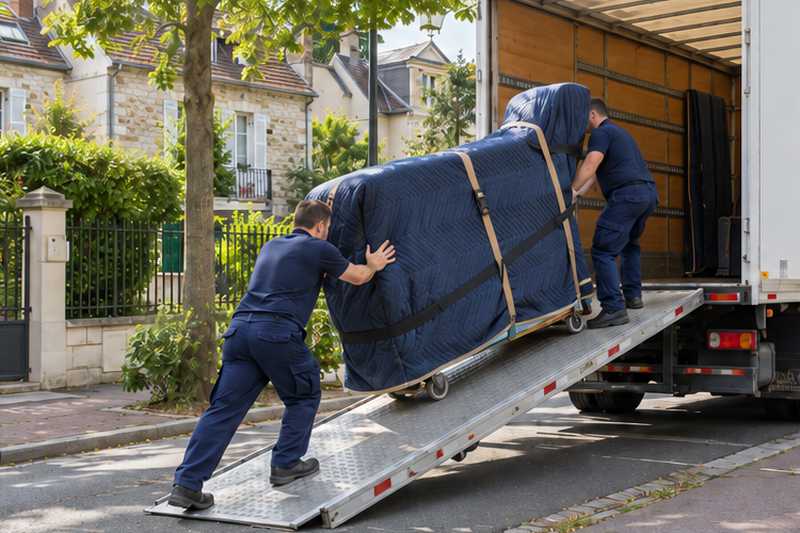 Piano quart-de-queue sous housse matelassée chargé dans un camion