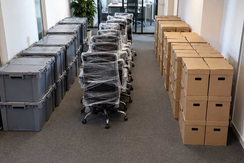 Bacs informatiques, chaises et cartons d'archives rangés en trois files séparées