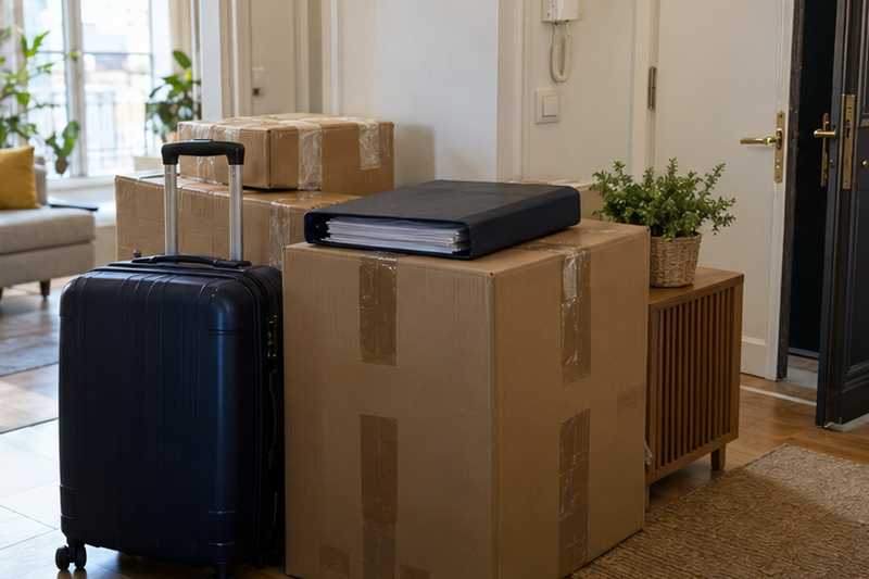 Valise et pochette posées sur des cartons fermés dans une entrée